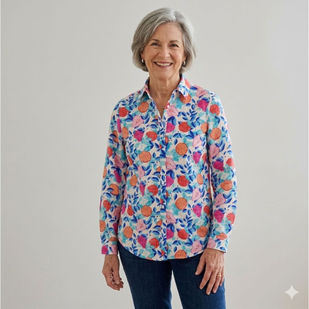 J McLaughlin Lois Shirt Fruit Floral  Button Down Long Sleeve Cotton XS